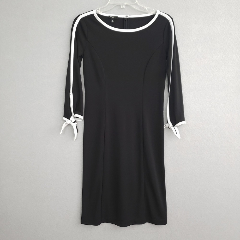 Talbots P Petite XS Sheath Dress Black White Contrast Trim Tie Sleeve Career